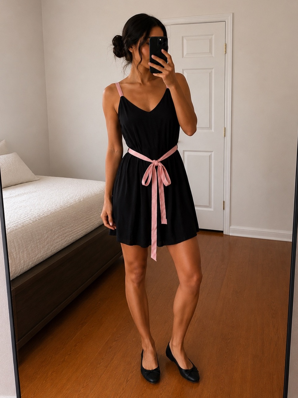 Forever 21 Black Mini Dress with Pink Straps & Waist Tie